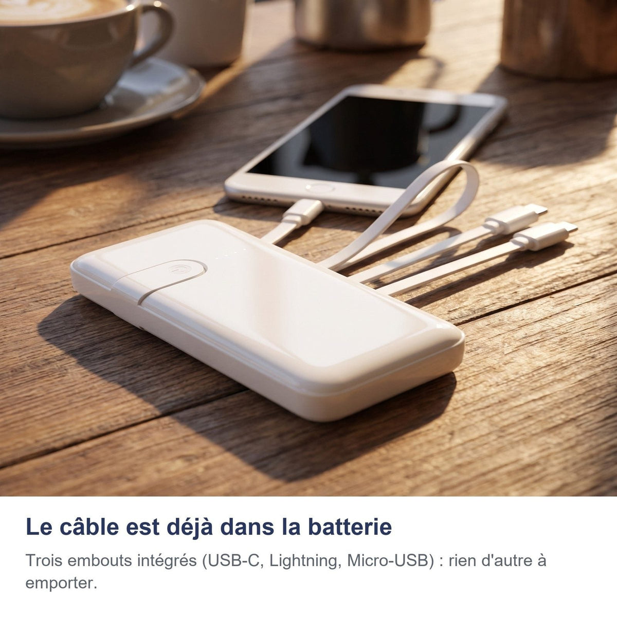 Cavo Lightning integrato del power bank collegato direttamente a uno smartphone