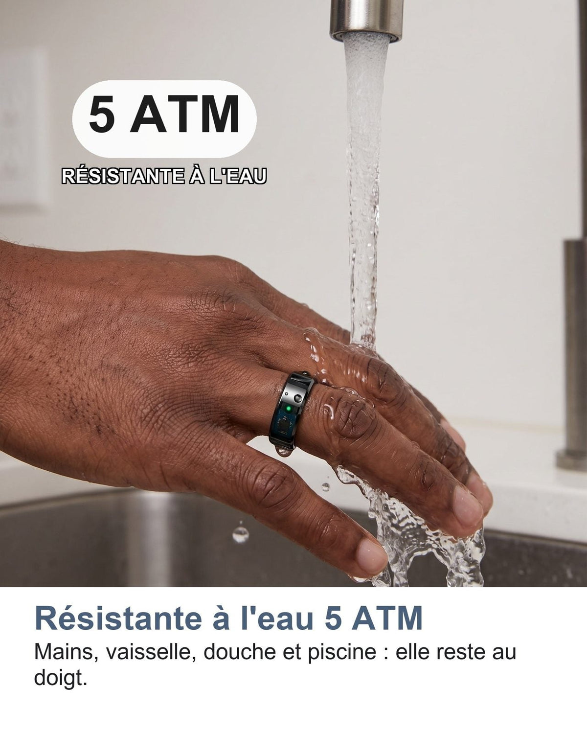 Resistente all'acqua 5 ATM: mani, piatti, doccia e piscina, resta al dito