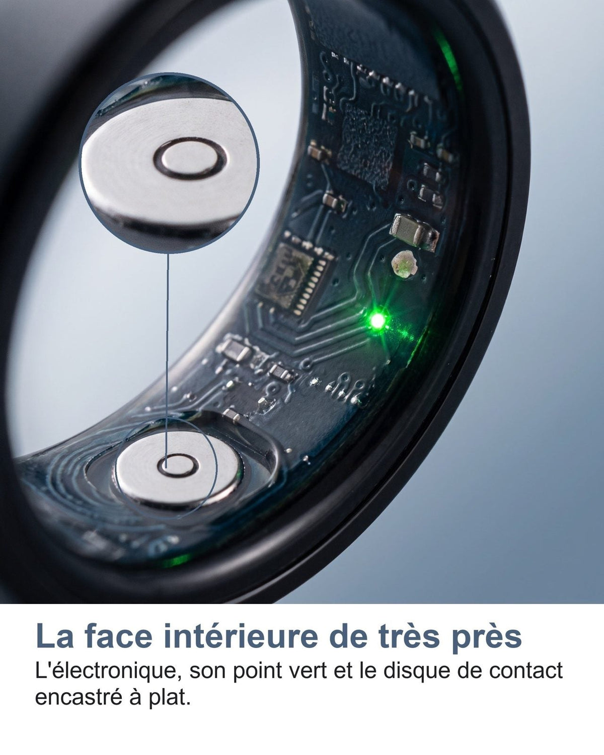 Il lato interno da molto vicino: l'elettronica, il punto verde e il disco di contatto incassato in piano