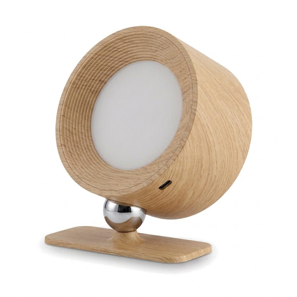 Applique senza fili effetto legno accesa su un comodino in rovere