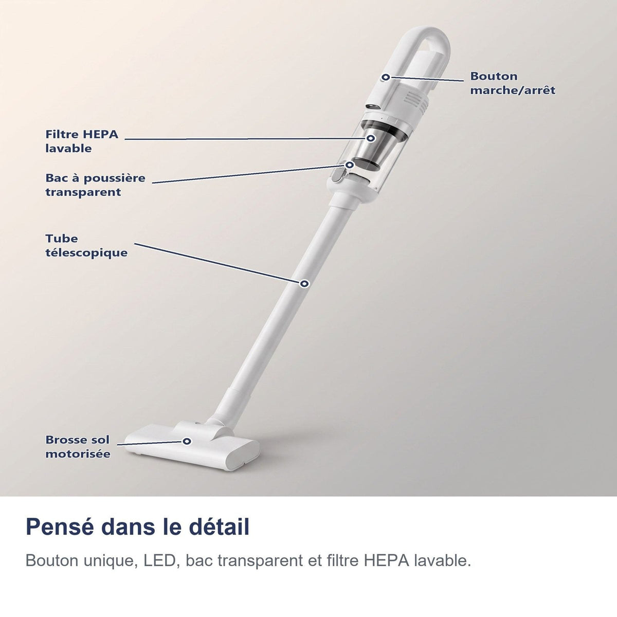 Pensato nel dettaglio: pulsante unico, luce LED, serbatoio trasparente e filtro HEPA