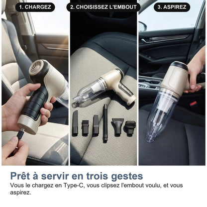 Ricaricare l'aspirapolvere per auto, agganciare l'accessorio e aspirare