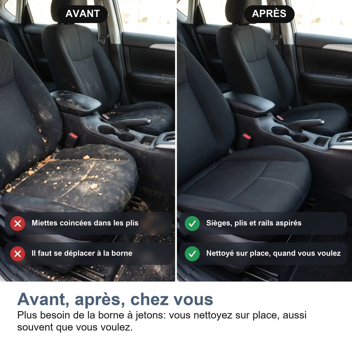 Abitacolo prima e dopo il passaggio dell'aspirapolvere per auto