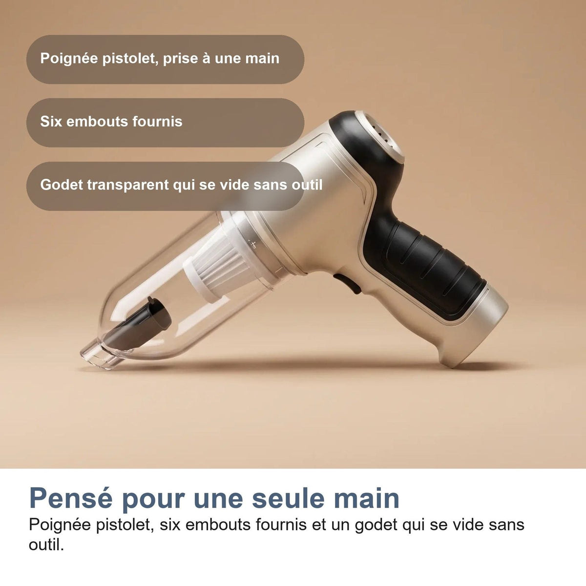 Impugnatura a pistola, sei accessori e contenitore che si svuota senza attrezzi