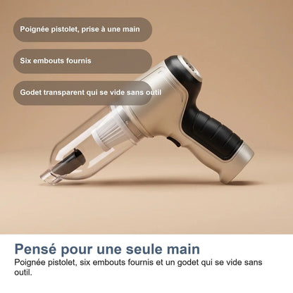 Impugnatura a pistola, sei accessori e contenitore che si svuota senza attrezzi