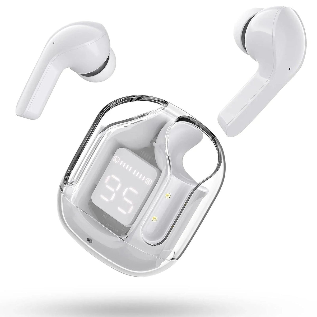 Auricolari Bluetooth wireless con custodia trasparente, colore bianco