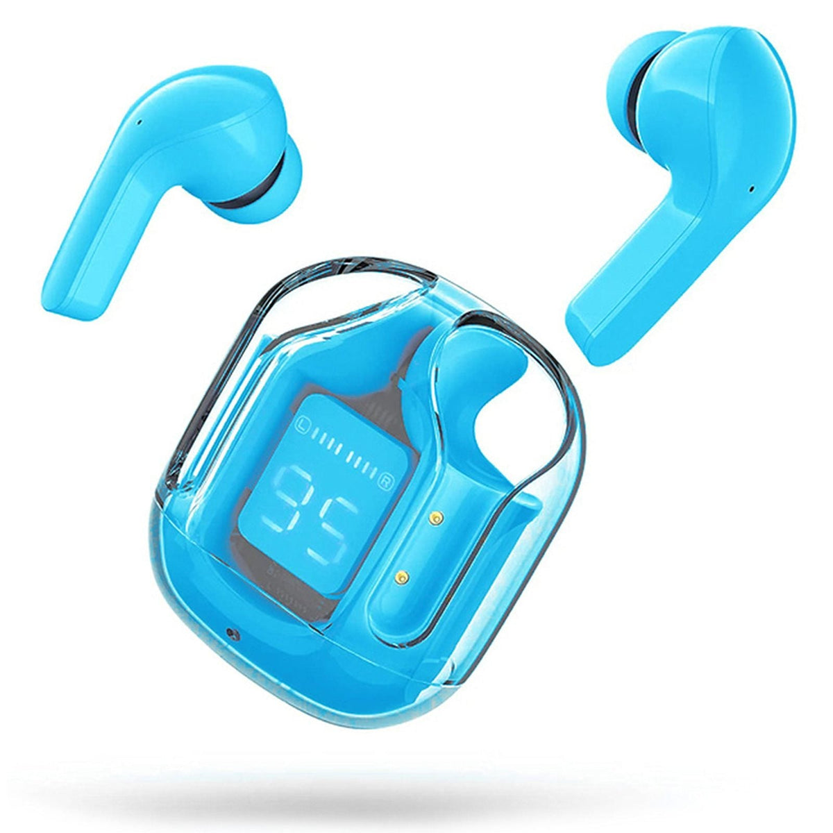 Auricolari Bluetooth wireless con custodia trasparente, colore blu