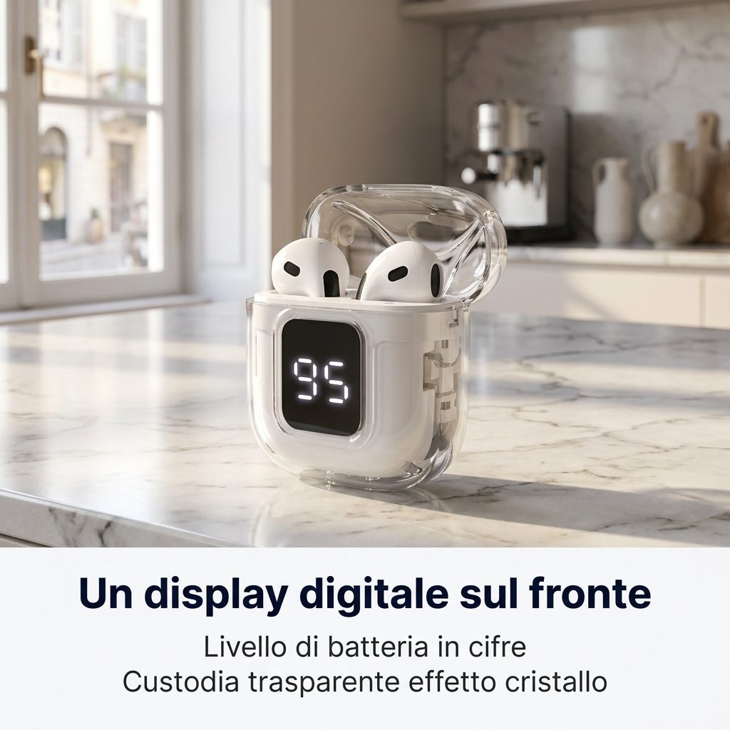 Un display digitale sulla custodia: il livello di batteria in cifre sul fronte, custodia trasparente