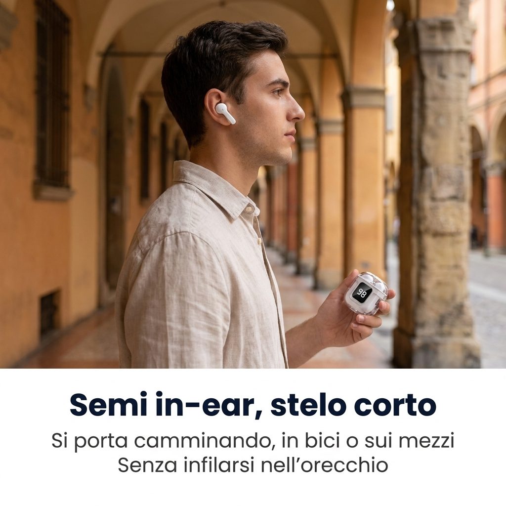 Semi in-ear, stelo corto: si porta camminando, in bici o sui mezzi, senza entrare nell'orecchio