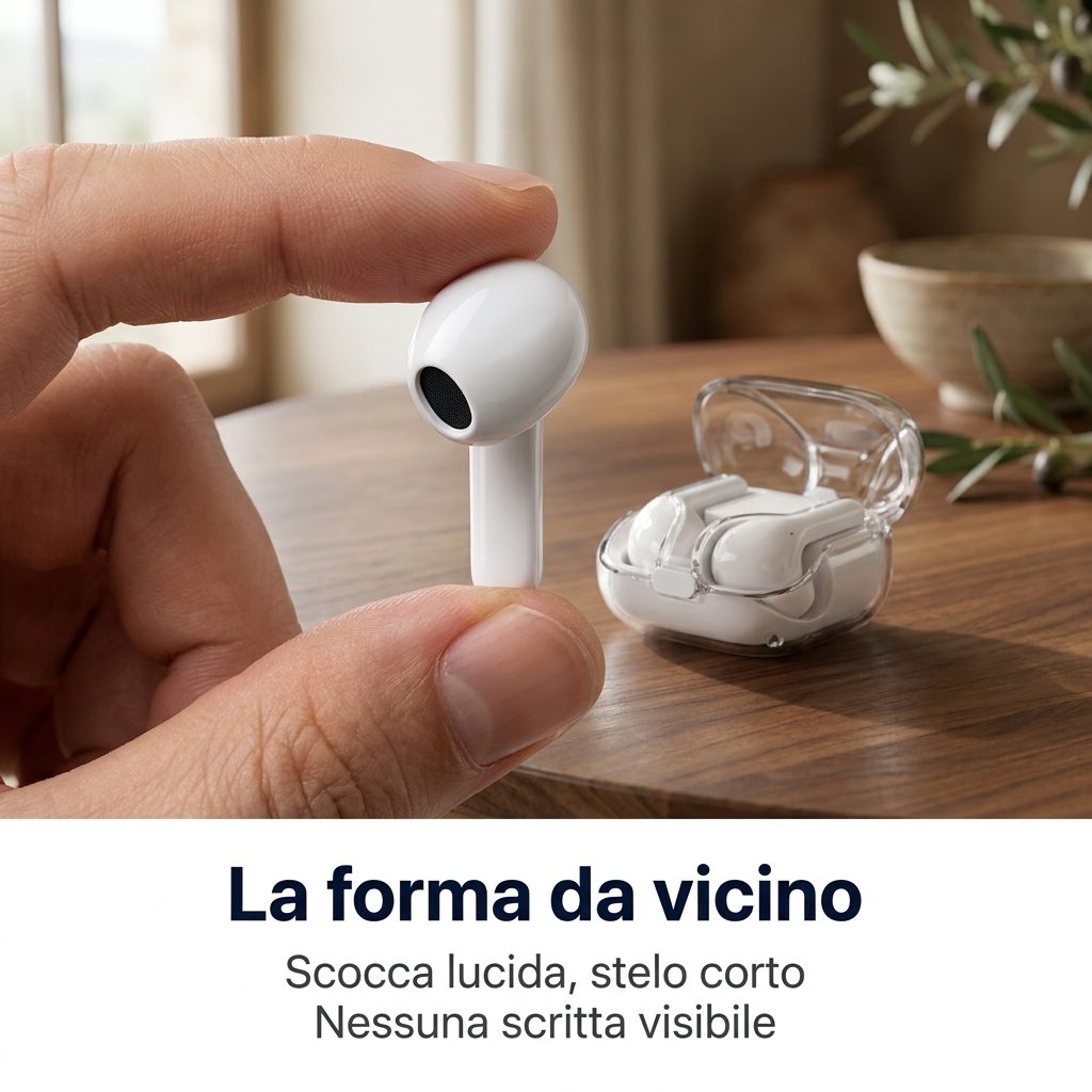 La forma da vicino: scocca lucida, stelo corto, nessuna scritta visibile