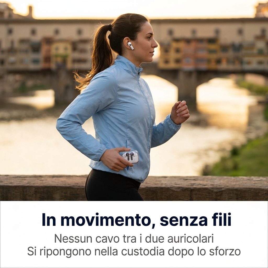 In movimento, senza fili che danno fastidio: nessun cavo tra i due auricolari, si ripongono nella custodia dopo lo sforzo