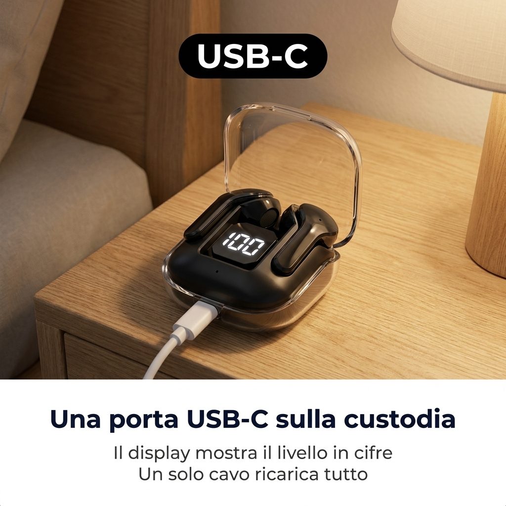 La porta USB-C della custodia: un solo cavo ricarica tutto, il display mostra il livello