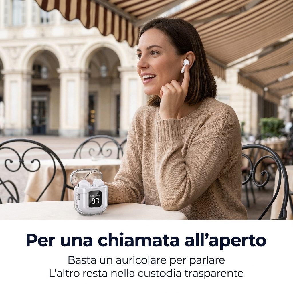 Per una chiamata all'aperto: basta un auricolare per parlare, l'altro resta nella custodia trasparente