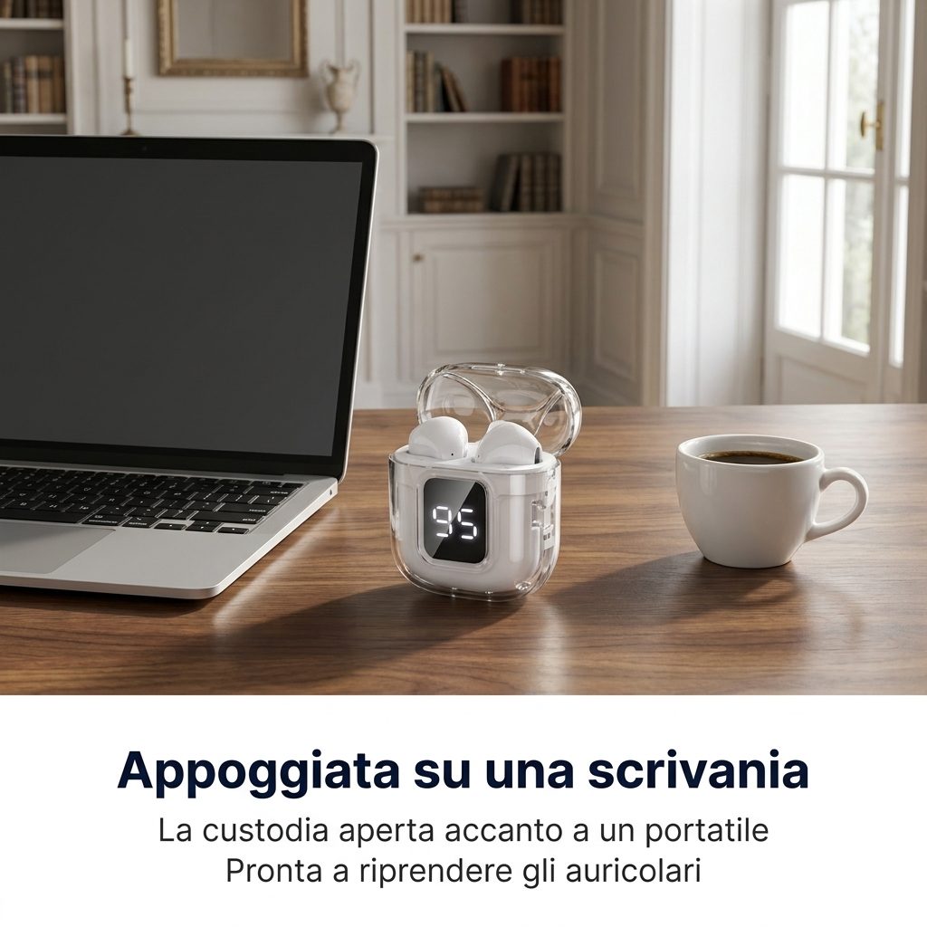 Appoggiata su una scrivania: la custodia aperta accanto a un portatile, pronta a riprendere gli auricolari
