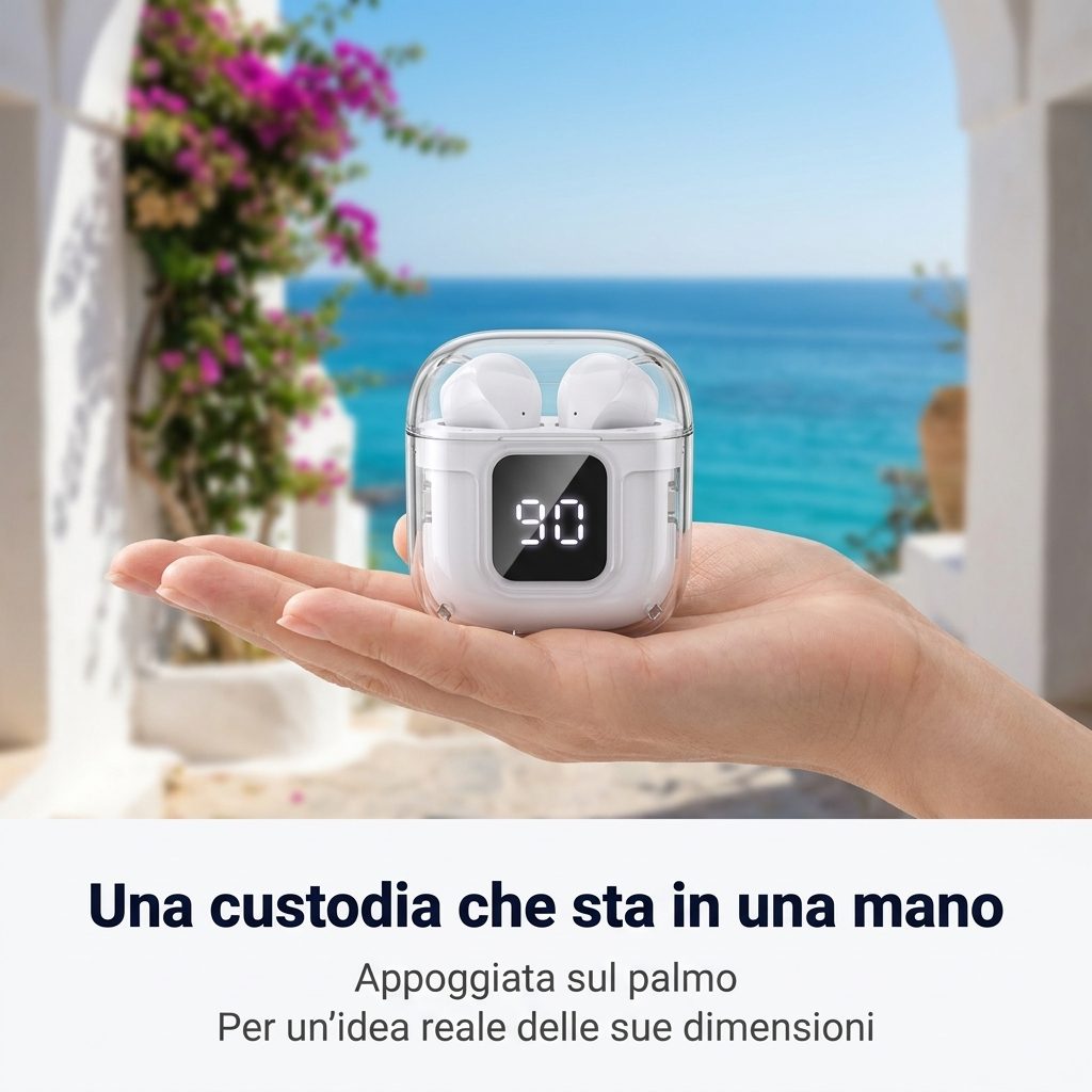 Una custodia che sta in una mano, appoggiata sul palmo per dare un'idea reale delle dimensioni