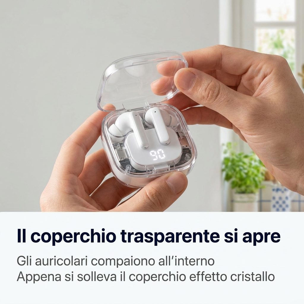 Il coperchio trasparente si apre: gli auricolari compaiono all'interno appena si solleva il coperchio effetto cristallo