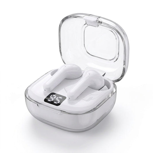 Auricolari Bluetooth wireless con custodia trasparente e display di ricarica