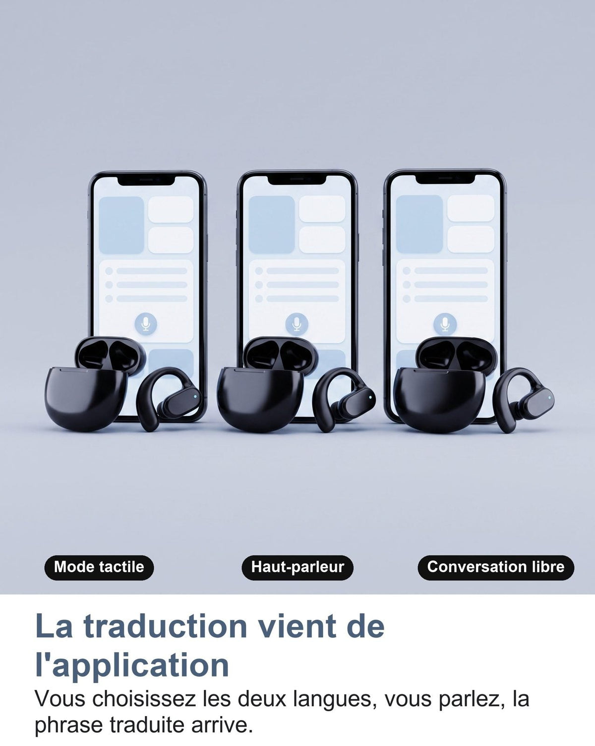 Le modalità dell'app di traduzione su tre telefoni