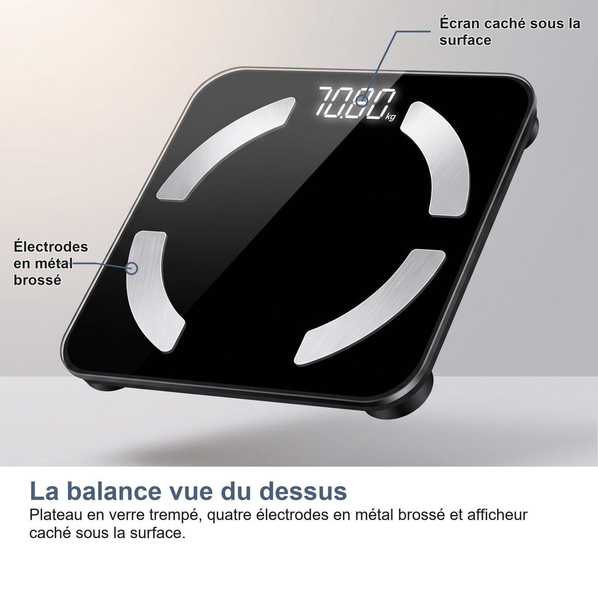 La bilancia vista dall'alto, con i quattro elettrodi e il display nascosto