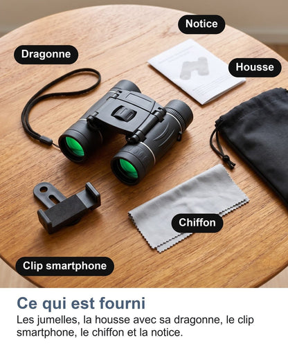 Cosa c'è nella confezione: binocolo, custodia con laccetto, clip smartphone, panno e manuale