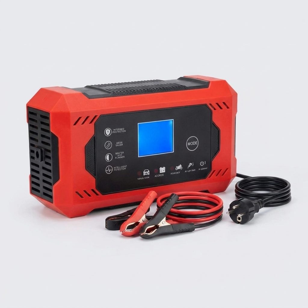 Caricabatterie auto 12V collegato alla batteria di un'auto con il cofano aperto