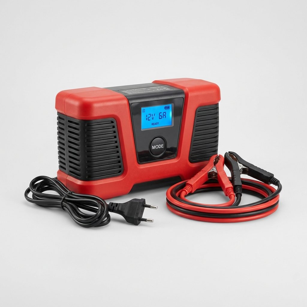 Caricabatterie colore rosso appoggiato sulla batteria sotto il cofano