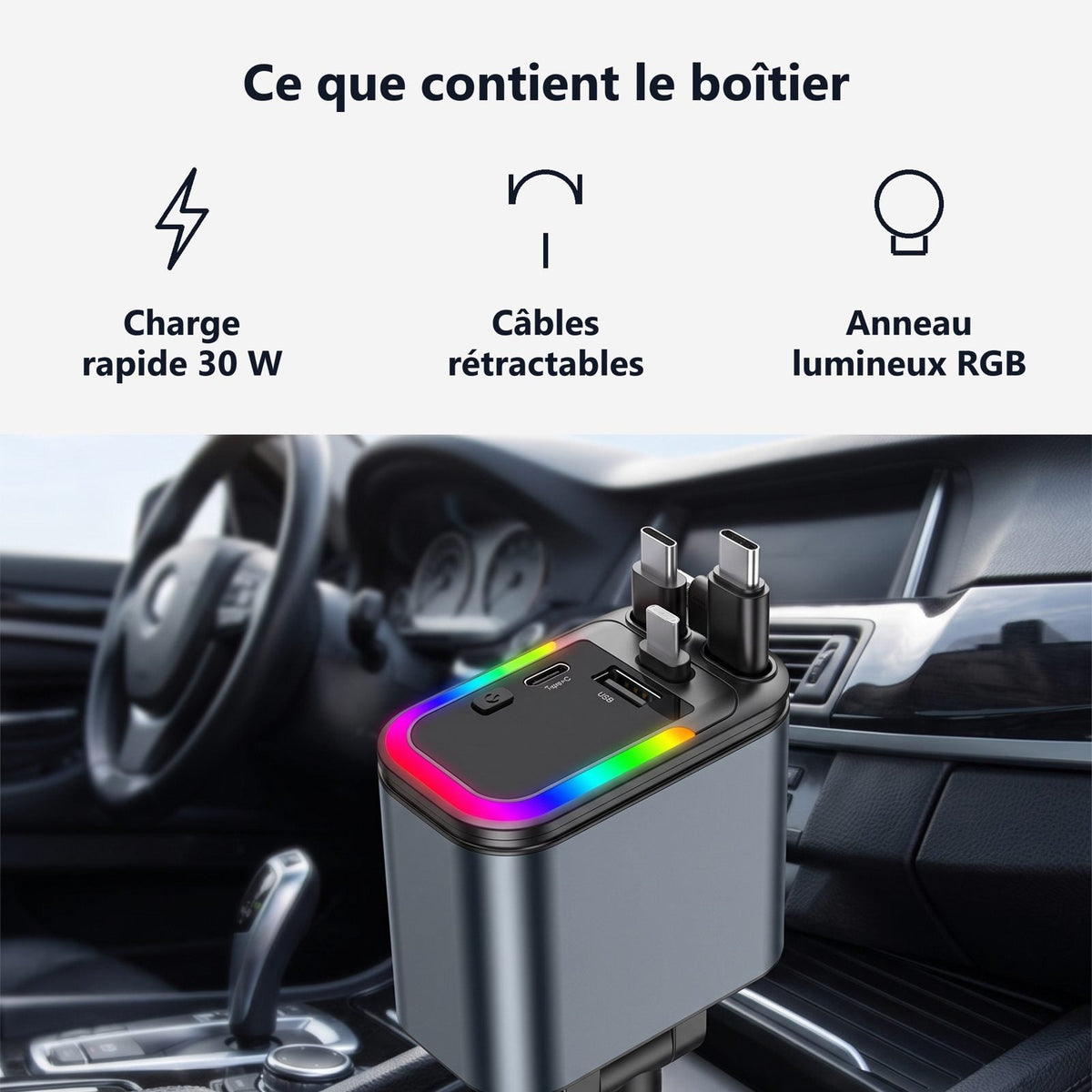 Pannello con i componenti del caricatore: porta 30 W, cavi retrattili e anello RGB