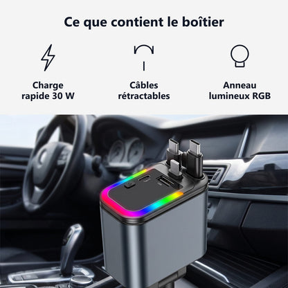 Pannello con i componenti del caricatore: porta 30 W, cavi retrattili e anello RGB