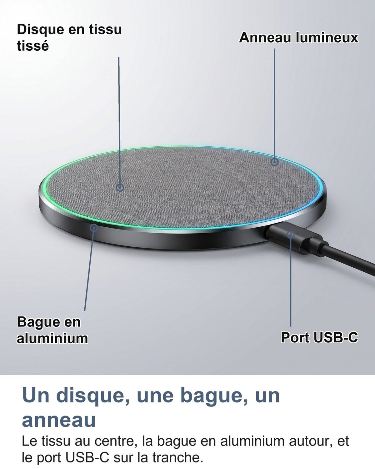 Un disco, una ghiera, un anello: il tessuto al centro, la ghiera in alluminio attorno e la porta USB-C sul bordo