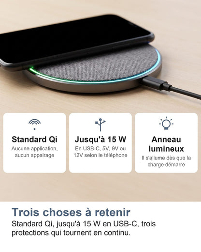 Tre cose da ricordare: standard Qi, fino a 15 W in USB-C, tre protezioni che lavorano in continuo