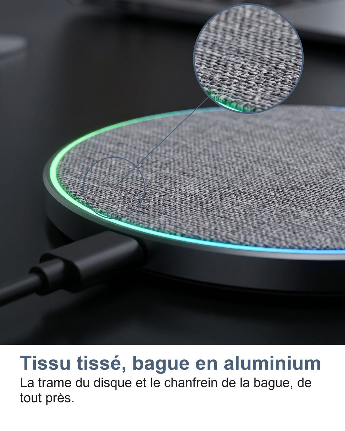 Tessuto intrecciato, ghiera in alluminio: la trama del disco e lo smusso della ghiera, da vicino