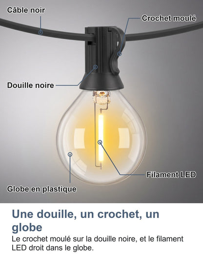 Un portalampada, un gancio, un globo: il gancio stampato sul portalampada nero e il filamento LED dritto nel globo