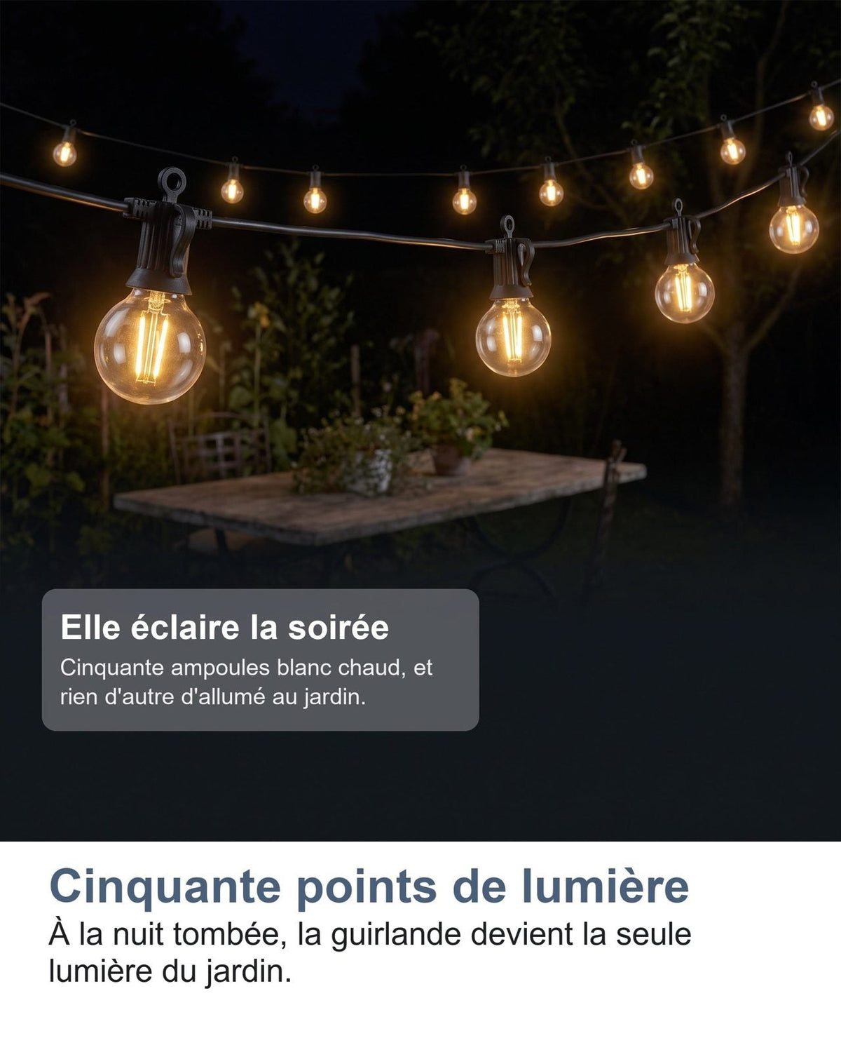Cinquanta punti di luce: calata la notte, la catena diventa l'unica luce del giardino