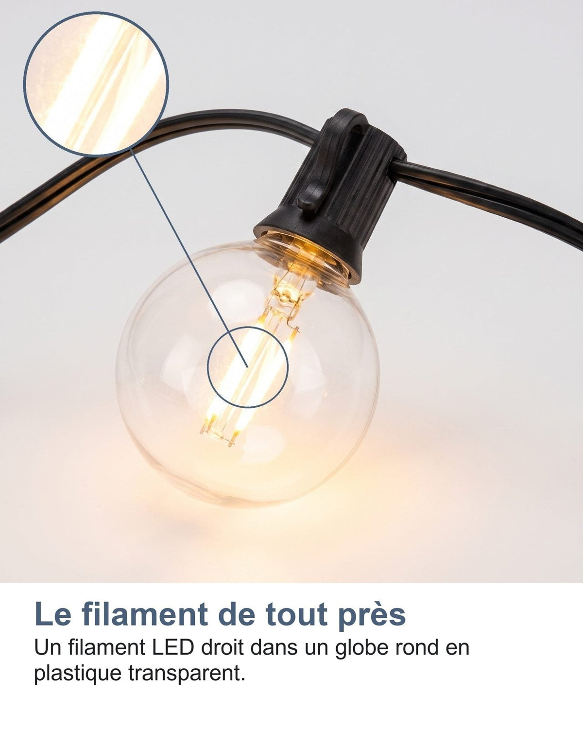 Il filamento da vicino: un filamento LED dritto in un globo rotondo in plastica trasparente