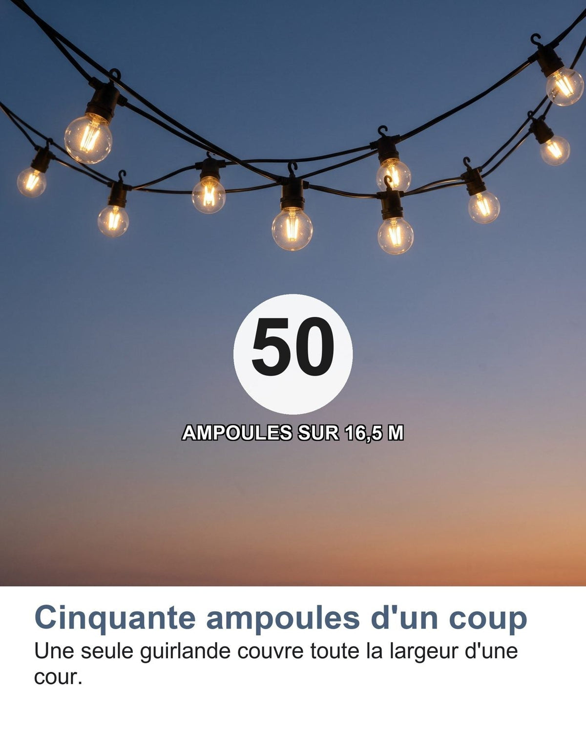 Cinquanta lampadine in un colpo solo: una sola catena copre tutta la larghezza di un cortile
