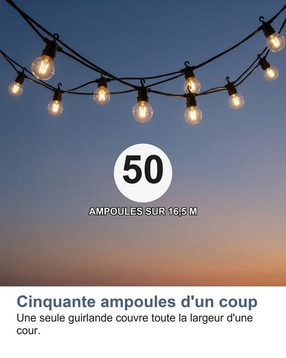 Cinquanta lampadine in un colpo solo: una sola catena copre tutta la larghezza di un cortile