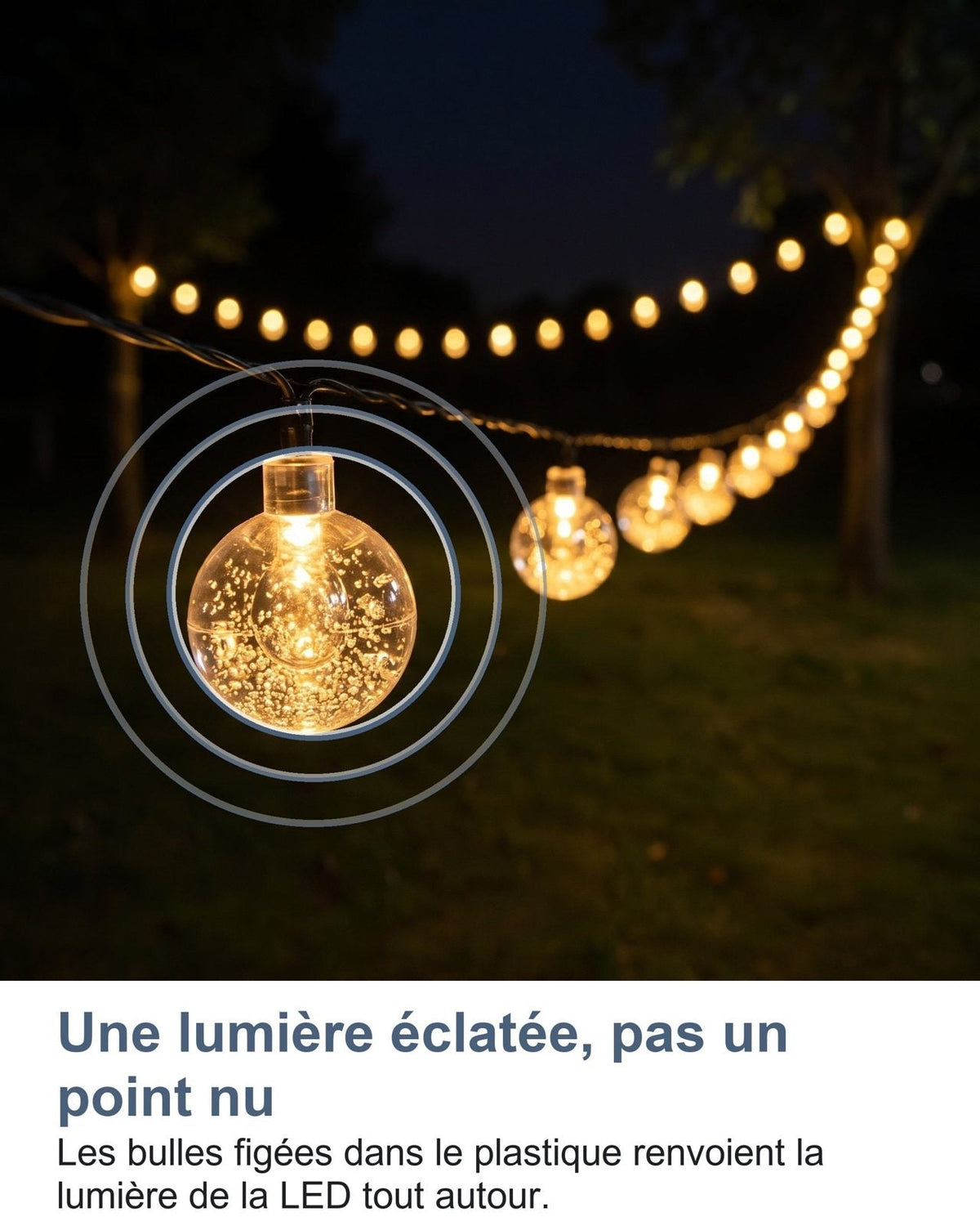 Una luce diffusa in riflessi, non un punto nudo: le bollicine nella plastica rimandano la luce del LED tutt'intorno