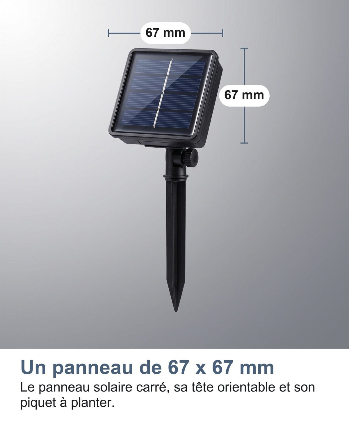Un pannello di 67 x 67 mm: il pannello solare quadrato, la testa orientabile e il picchetto da piantare