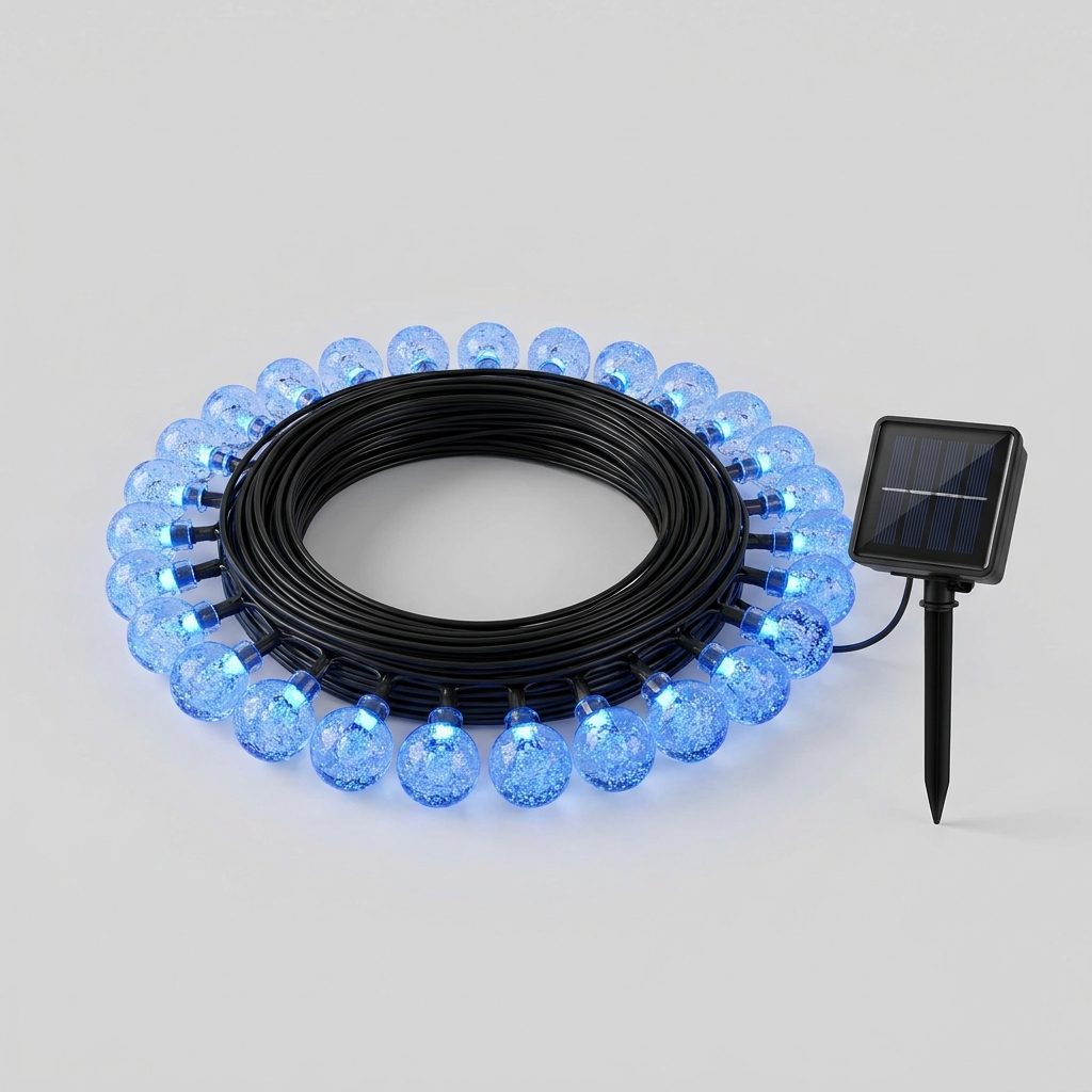 Catena luminosa solare 50 sfere di cristallo, colore blu