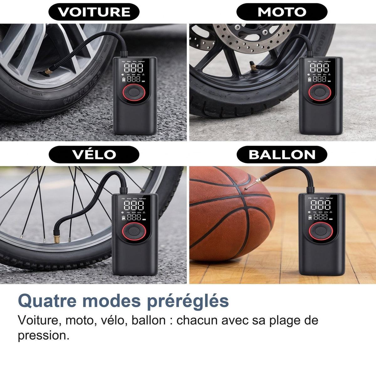 Quattro modalità preimpostate: auto, moto, bici, pallone