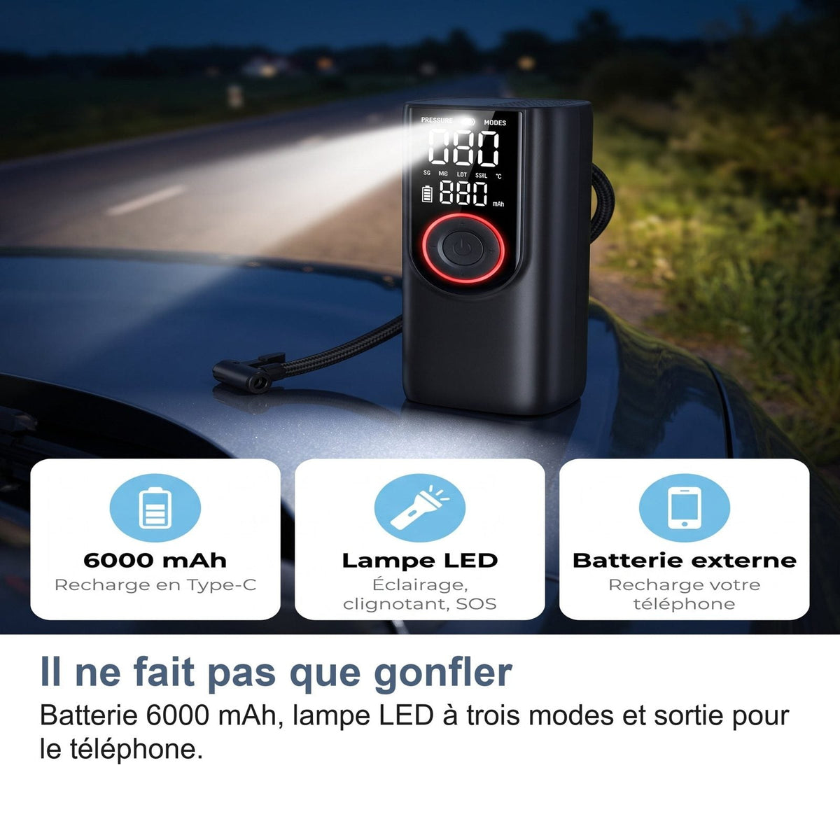 Non si limita a gonfiare: batteria, torcia LED e uscita per il telefono