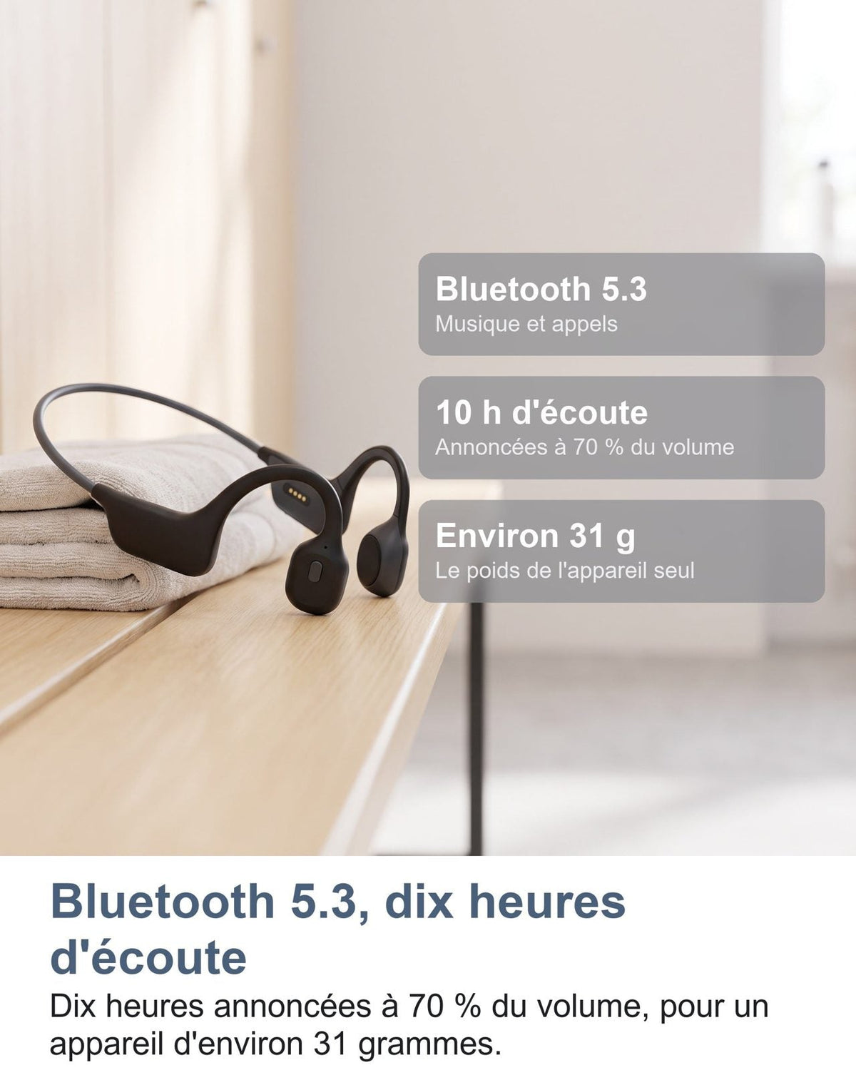 Bluetooth 5.3, dieci ore di ascolto: dieci ore dichiarate al 70% del volume, per un apparecchio di circa 31 grammi