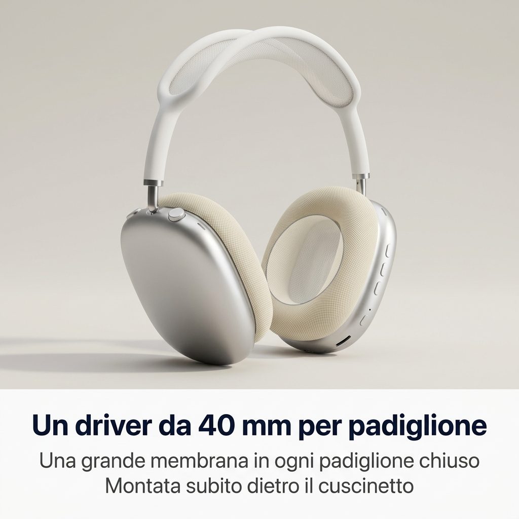 Un driver da 40 mm per padiglione, una grande membrana in ogni padiglione chiuso dietro il cuscinetto