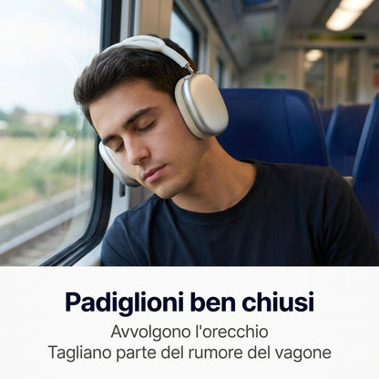 Padiglioni ben chiusi che avvolgono l'orecchio e tagliano parte del rumore del vagone