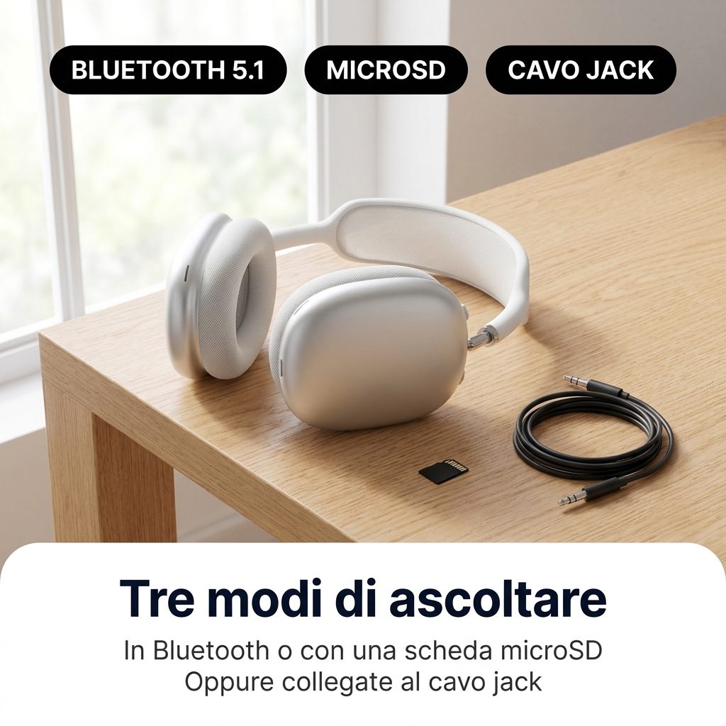 Tre modi di ascoltare: Bluetooth, scheda microSD nel padiglione o cavo jack