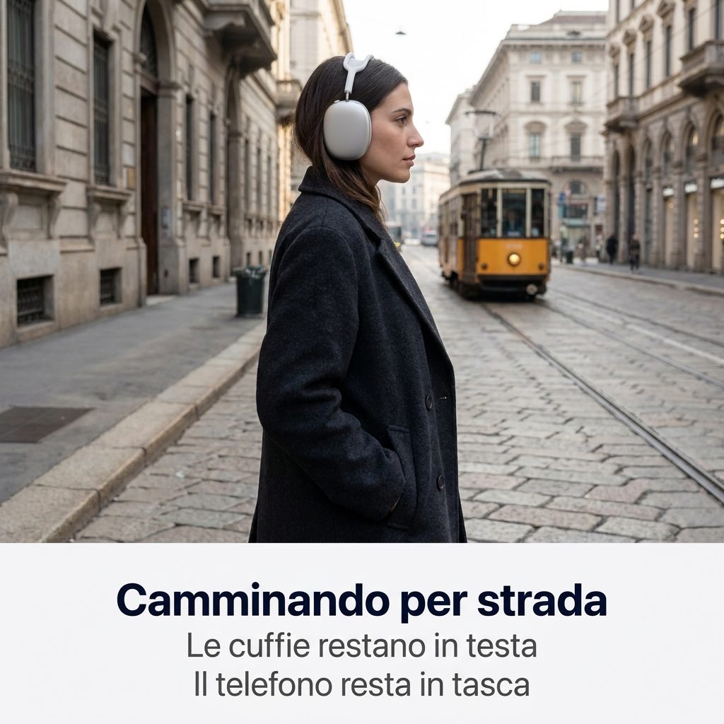 Camminando per strada: le cuffie restano in testa, il telefono in tasca