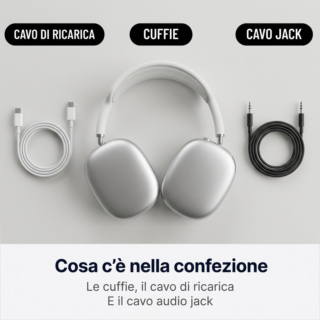 Cosa c'è nella confezione: le cuffie, il cavo di ricarica e il cavo audio jack