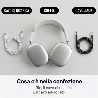 Cosa c'è nella confezione: le cuffie, il cavo di ricarica e il cavo audio jack
