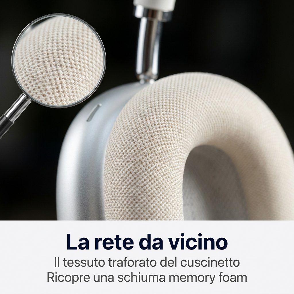 La rete da vicino: il tessuto traforato del cuscinetto ricopre una schiuma memory foam