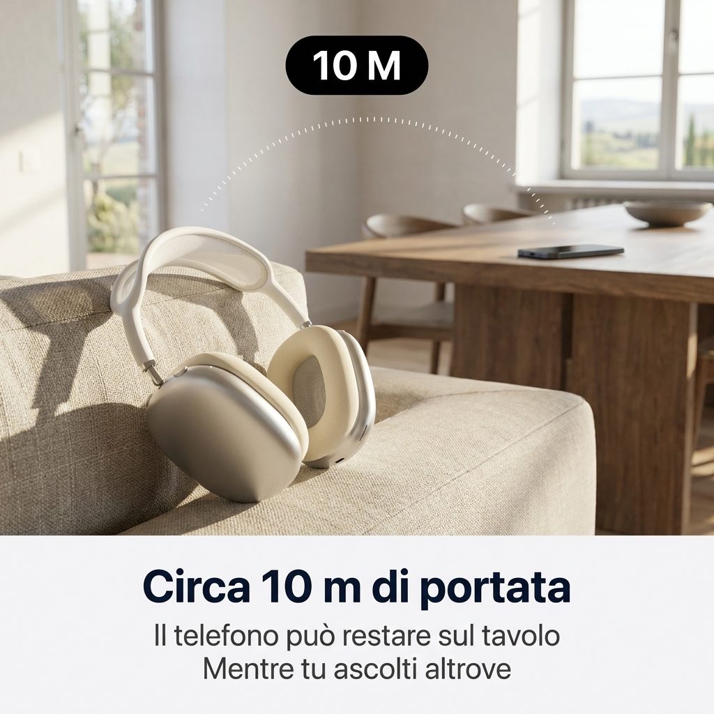 Circa 10 m di portata: il telefono resta sul tavolo mentre ascolti altrove